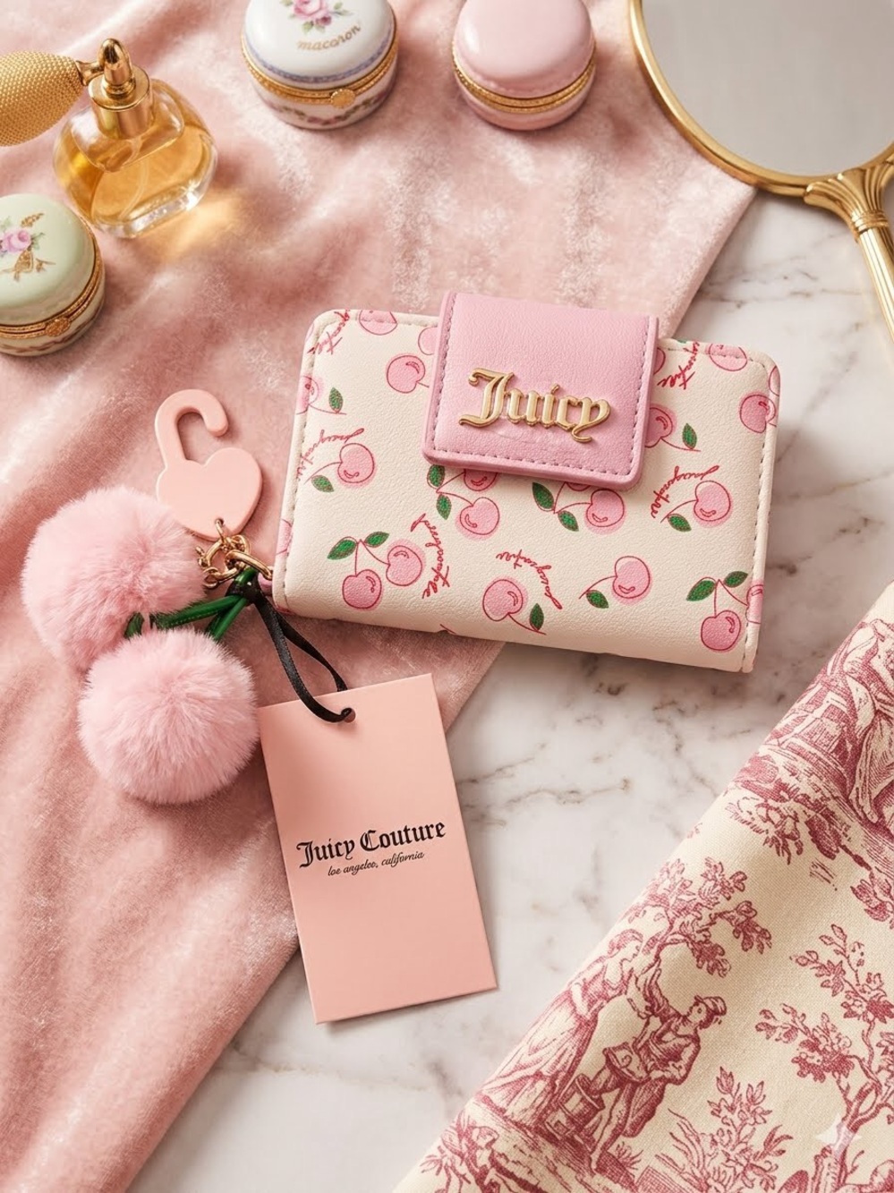 Juicy Couture Pink Cherry-Print Compact Wallet with Pom Charm
